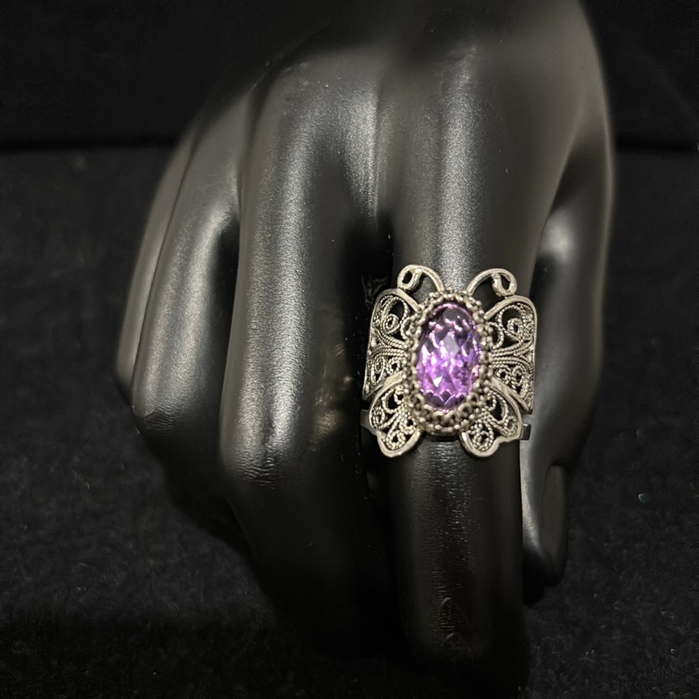 Sterling Silver 925 Boho Butterfly Filigree Amethyst Ring Size 8 DGS